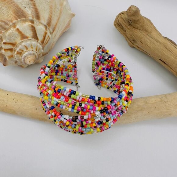 Colorful Multi-Strand Seed Bead Cuff Bracelet-Boho Festival Jewelry - Picture 3 of 5